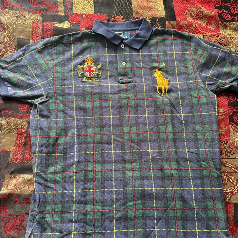 Polo Ralph Lauren VTG Big Pony UK Crest Embroidered BlackWatch Tartan-Plaid Polo